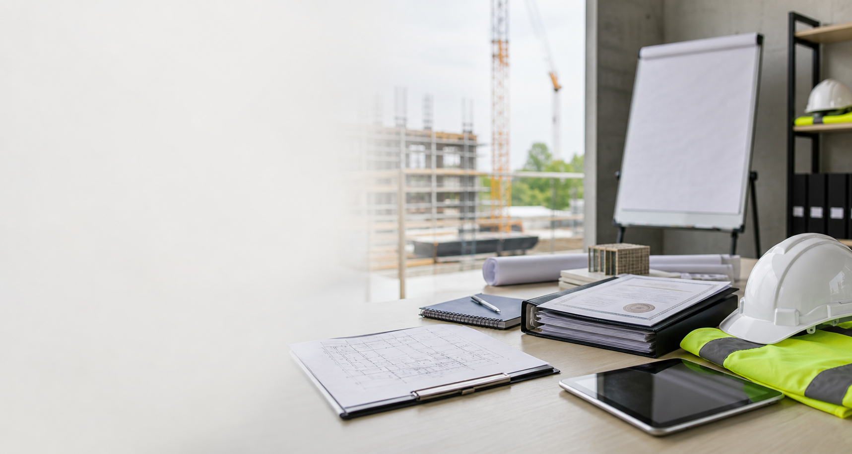 Working documents, a project file and site records laid out on a desk